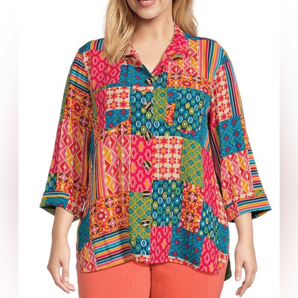 John Mark Top Art To Wear Patchwork Collared Button Up Shirt XL Colorful Unique